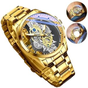 Luxury Men's Skeleton Mechanical Watch, Gold Stainless Steel Band, Transparent Dial Display.