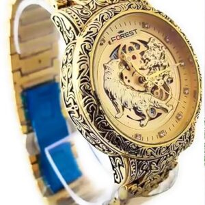 Forest Luxury Gold-Tone Dial Wrist Watches, Vintage Carved Pattern Band, Quartz Movement for Men