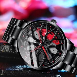 Men's Ninja Spin Analog Watch, Black Stainless Steel with Red Star Design, Quartz Movement