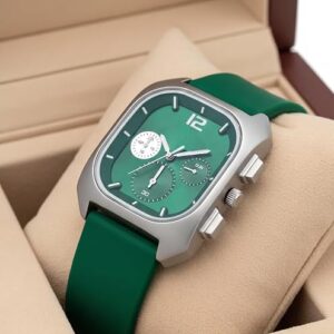 Quartz Men's Minimalist Square Analog Watch with Silicon Strap & High-Contrast GREEN HMTT Dial for Men
